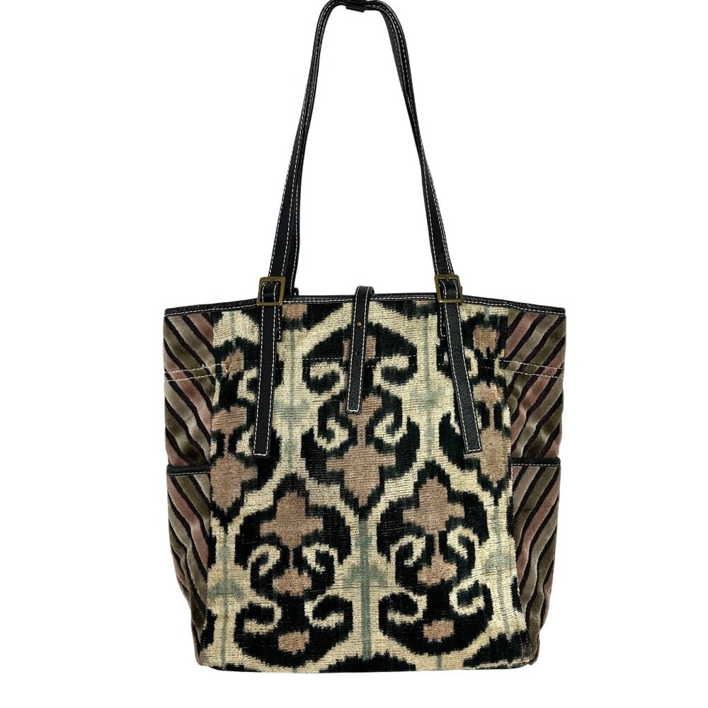 ZEN Garage Tote Bag Ikat Hard Sided Woven Silk Leather Straps Neutrals